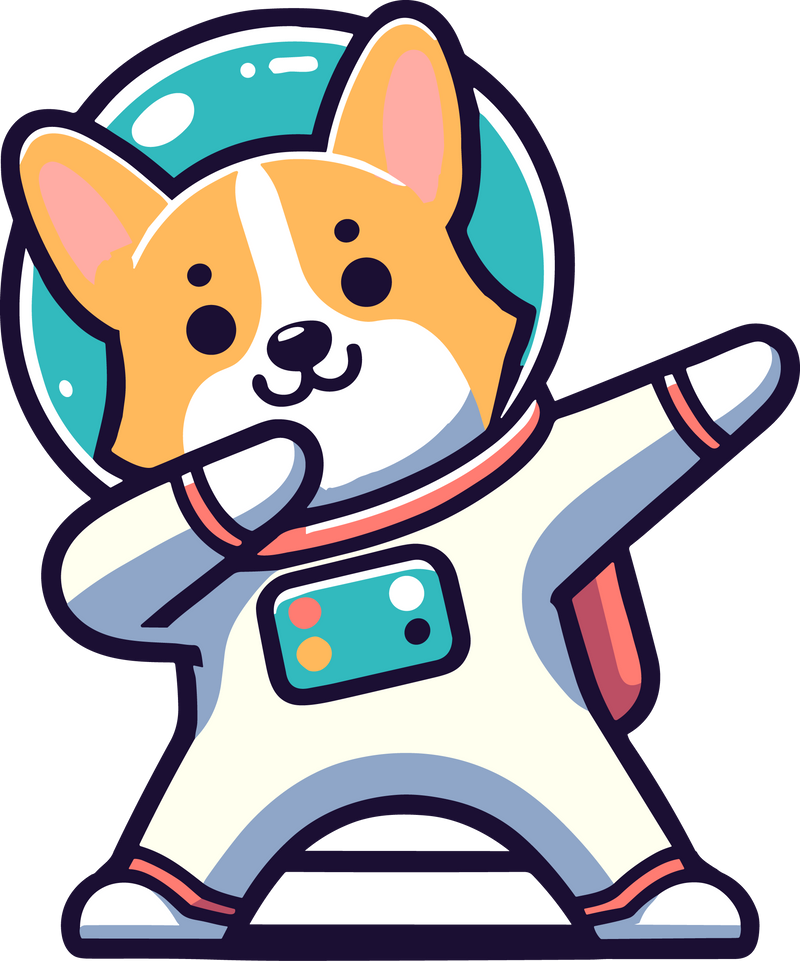 corgi astronaut in dabbing pose, looking playful and cheerful